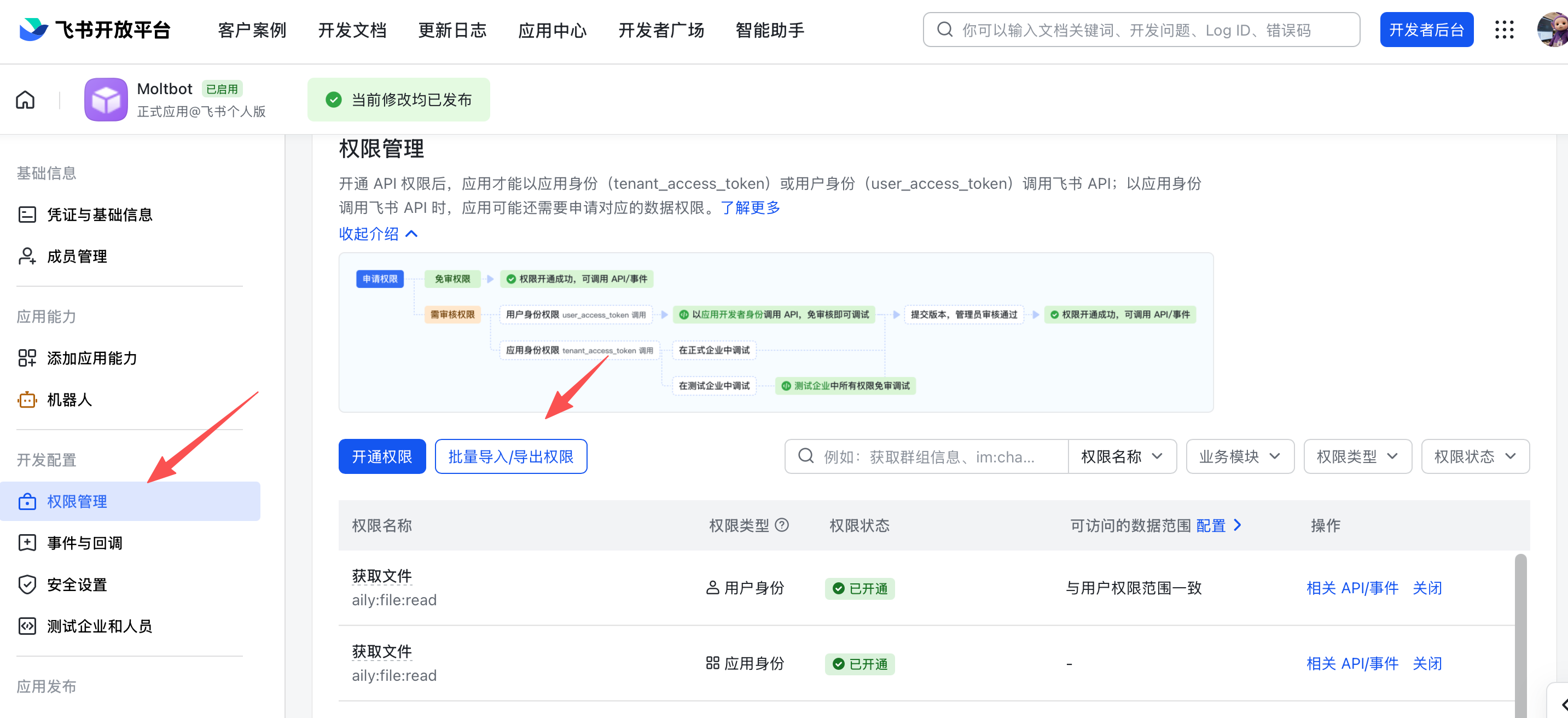 飞书应用权限配置 - 批量导入JSON权限