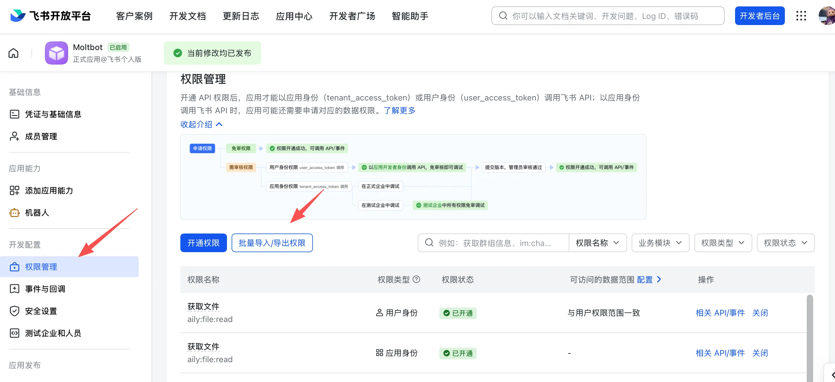 飞书应用权限配置 - 批量导入JSON权限